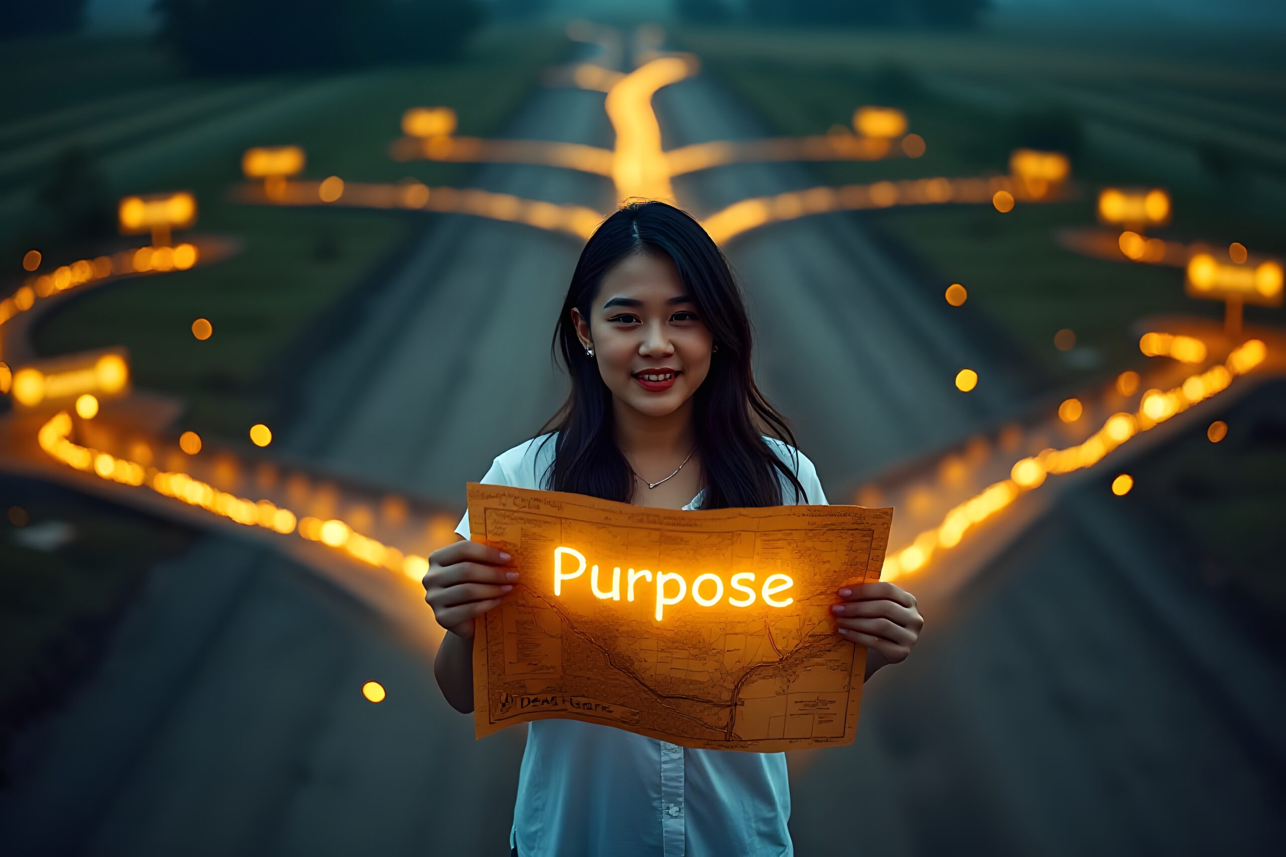 Finding Purpose: Cinematic Film Still of a Person Choosing the Right Path at a Crossroads