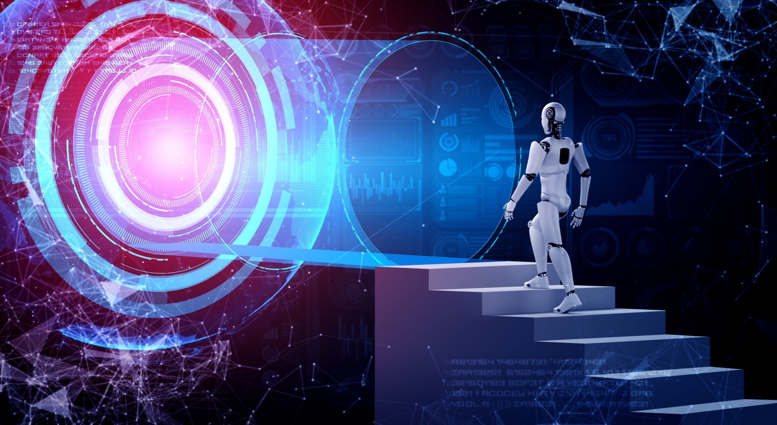 3D rendering robot humanoid walk up stair to success